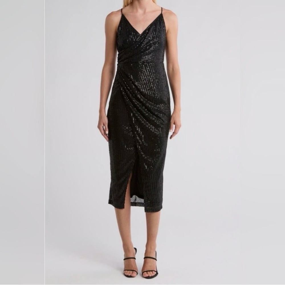 Area Stars Sequin Midi Dress Black Surplus Neckline Sleeveless Cocktail L NEW